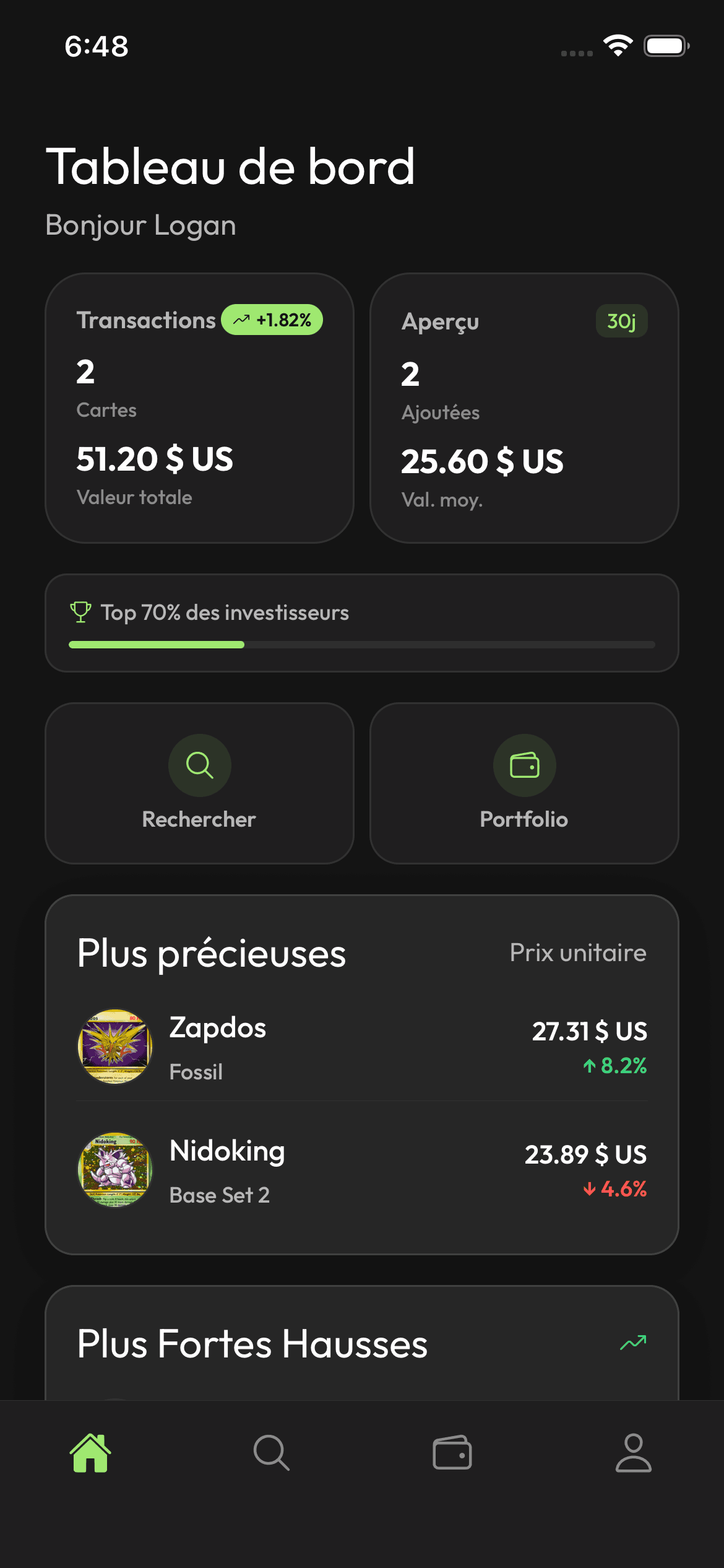 Écran tableau de bord de Stakd